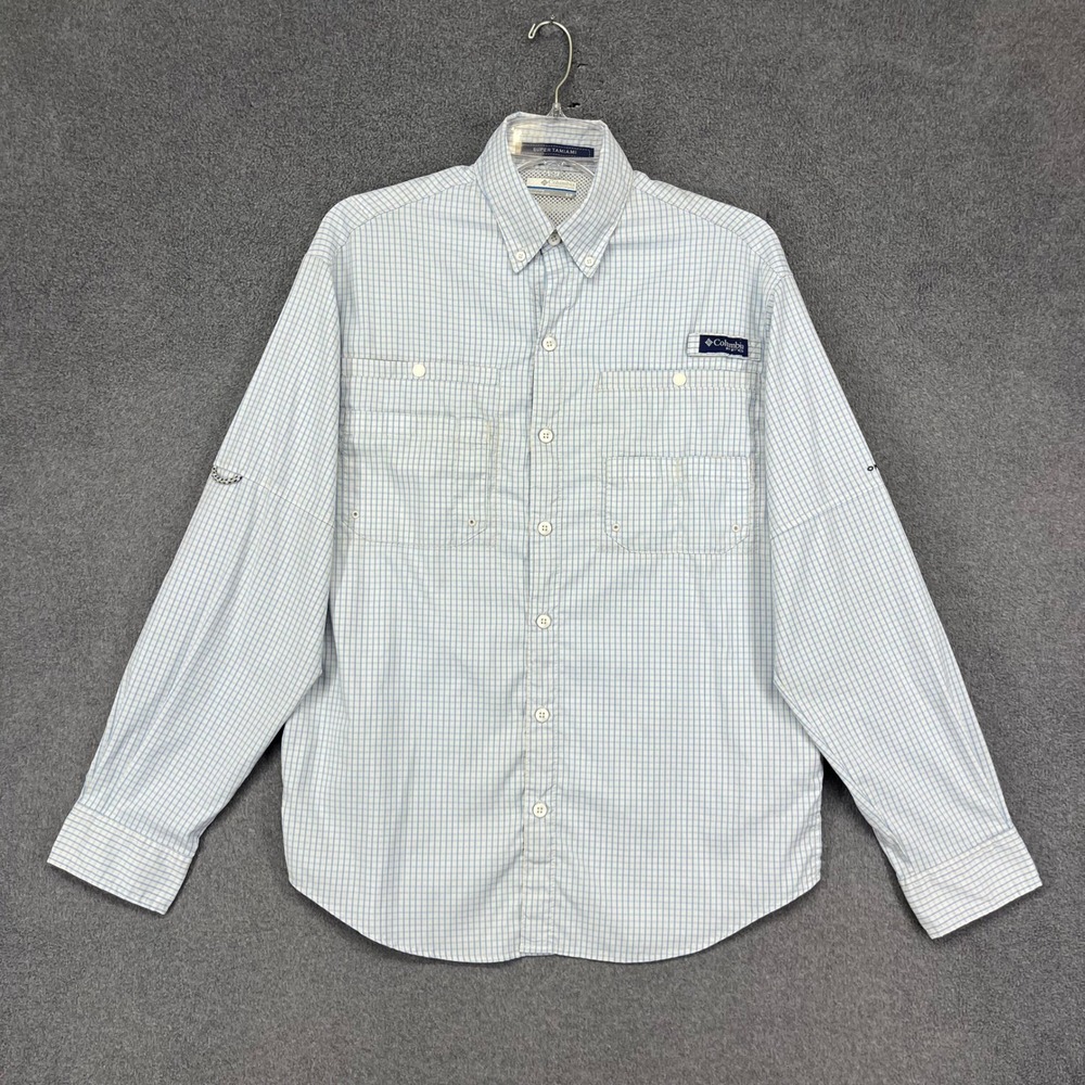 Columbia PFG Super Tamiami Fishing Shirt Mens Small Blue Check UPF 40 FM7187